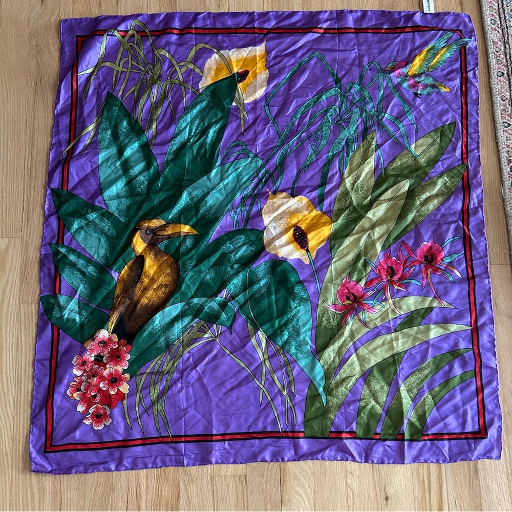 Rene gallet 100% pure silk vintage tropical bird square scarf leaves flowers - Picture 3 of 8